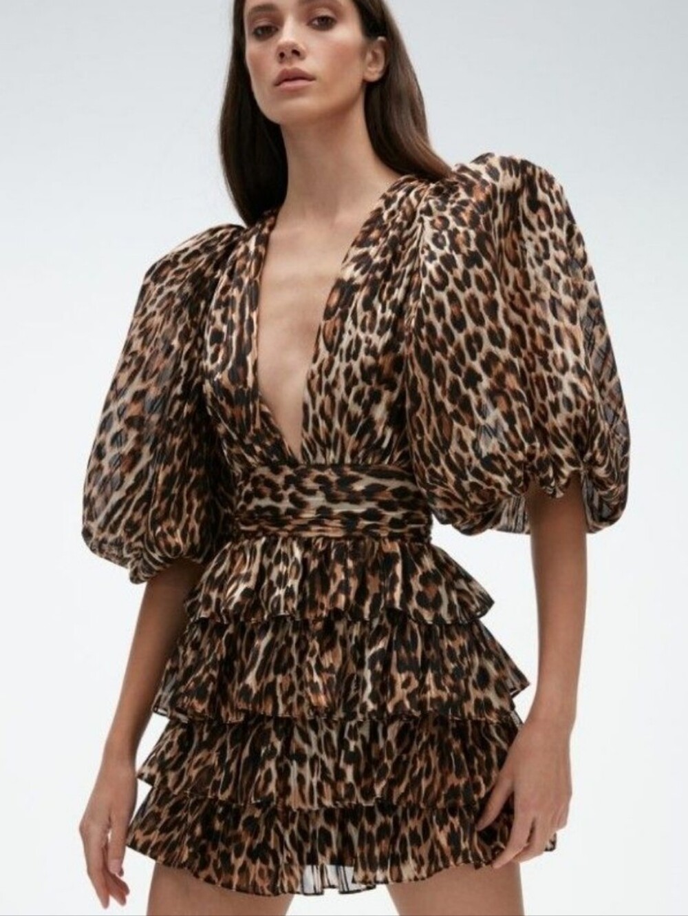 New Arrivals Sauvage Plunging Dolce Leopard Safari Resort Tier Dress 34 US 2